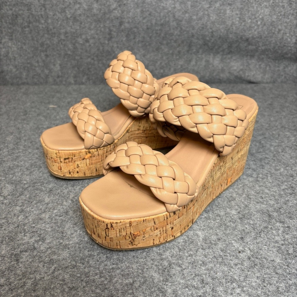 Braided Brown Nude Double Strap Cork Platform Wedge Heels Boho Sandals Womens 7 - Picture 3 of 7